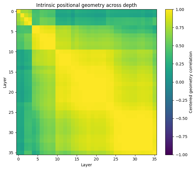 Intrinsic positional geometry correlation across layers.